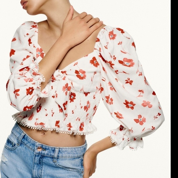 Zara White & Red Floral Top Women’s | Elegant 3/4 Sleeve Blouse - Picture 1 of 6